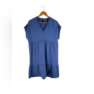 Bobi T-Shirt Dress Women Medium Blue V Neck Gauze Mini Summer Boho Coastal